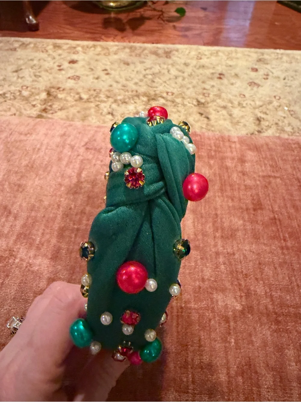 NWOT Embellished Emerald Knot Headband with Pearls & Gems Christmas teacher